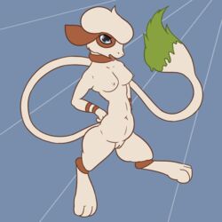 anthro barefoot black_eyes breasts brown_fur erect_nipples female front_view fur looking_at_viewer mammal navel nintendo nipples nude open_mouth paint pokemon posexe pussy simple_background smeargle solo standing tongue tongue_out two_tone_fur video_games white_fur