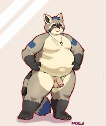 2025 anthro aroused belly big_belly black_body black_fur blue_body blue_clothing blue_fur blush blush_lines brown_body brown_fur claws clothing darker_balls flaccid foreskin fur genitals grey_body grey_fur hands_on_hips hi_res jewelry kemono looking_away male mammal moobs multicolored_body multicolored_fur navel nude outline overweight overweight_anthro overweight_male pattern_clothing pattern_underwear pendant penis procyonid raccoon reiko_u shy simple_background smile solo striped_clothing striped_underwear stripes thick_thighs underwear yellow_eyes