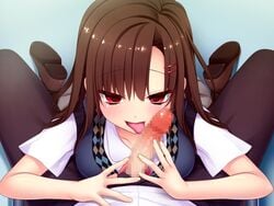 1boy artist_request bangs brown_hair brown_pants censored collarbone female from_above hairpin hands licking long_hair looking_at_viewer looking_up pants penis pov pullover red_eyes school_uniform shirt sitting solo_focus tongue tongue_out white_shirt