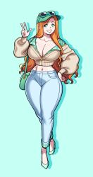 1girls big_breasts breasts brighid_(space_left) commission female female_only freckles gandg hat heels jacket orange_hair shoes solo space_left sunglasses sunglasses_on_head thick_thighs wide_hips