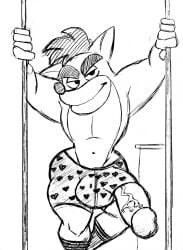 10s 1boy 2019 anthro anthro_only ass bandicoot bulge crash_(series) crash_bandicoot furry furry_male furry_only heart_underwear huge_balls huge_cock lynnsdarkside male male_focus male_only marsupial monochrome penis penis_out penis_through_leghole socks solo solo_male tagme underwear veiny_penis video_games white_background