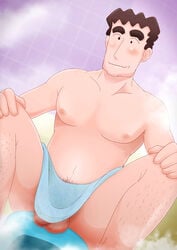 1boy bathing bathroom big_balls black_hair body_hair crayon_shin-chan facial_hair flaccid hiroshi_nohara male_only nipples nomadonoama1 penis sitting smile solo steam