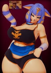 animal_crossing ankha ankha_(dogzeela) big_breasts blue_hair breasts cat_ears cat_girl cat_tail cleavage crop_top egyptian feline fit fit_female hand_on_hip huge_breasts ishowspeed large_breasts looking_at_viewer neckwear palmtreerothic pubic_hair short_hair shorts slim_waist tagme thick_thighs tight_clothing wide_hips wraps yellow_fur