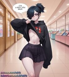 ai_generated black_hair blue_eyes crossdressing curvy_male femboy femboy_focus femboy_only goth goth_boy goth_femboy hoodie hoodie_lift osirix self_upload short_ponytail skirt stable_diffusion thick_legs wide_hipped_male wide_hips