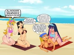 4girls anoneysnufftan applying_sunscreen bandana beach beach_towel bikini black_hair blonde_hair blue_eyes blue_hair breast_lift comic defeated dialogue embarrassed execution female female_only from_behind heather_(tdi) humiliation imminent_death killer_lotion kneeling lindsay_(tdi) long_hair massage murder ocean panty_&_stocking_with_garterbelt panty_anarchy penalty_game peril pink_hair punishment rubbing sand seaside sitting sitting_on_person sky snuff speech_bubble stocking_anarchy summer sunbathing swimsuit total_drama_island towel two-tone_hair visor volleyball_uniform