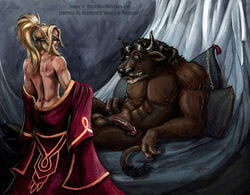 2boys abs back blood_elf bovine elf erection flaccid furry gay humanoid interspecies long_hair male male_only mammal muscular nipples penis pointy_ears ponytail rog_minotaur surprised tauren testicles tied_hair video_games warcraft