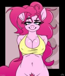 2018 absurd_res anthro blue_eyes bra breasts cleavage clothed clothing eyebrows female friendship_is_magic front_view hasbro hi_res looking_at_viewer morning my_little_pony nude pinkie_pie_(mlp) pubes raised_eyebrow smile solo underwear vrabo