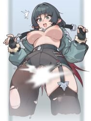 ^^^ absurdres animal_ears black_gloves black_hair black_pantyhose black_shorts black_thighhighs breasts breasts_out commentary female female_pubic_hair fingerless_gloves gloves green_eyes green_jacket highres jacket jane_doe_(zenless_zone_zero) large_breasts light_censor mouse_ears mouse_girl multicolored_hair nipples open_mouth paid_reward_available pantyhose pubic_hair red_hair rehu_(astd5787) shorts single_leg_pantyhose single_thighhigh solo thighhighs torn_clothes torn_pantyhose torn_shorts torn_thighhighs two-tone_hair zenless_zone_zero