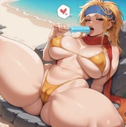 ai_generated beach bikini cameltoe final_fantasy final_fantasy_x final_fantasy_x-2 inviting_to_sex licking_popsicle massive_ass massive_breasts rikku smogai thick_thighs wide_hips