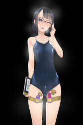 1girls adjusting_glasses black_background black_eyes black_hair blush bondage breath f-ism female female_focus female_only glasses hair_ornament hairclip highres japanese_text jpg looking_at_viewer mist murakami_suigun one-piece_swimsuit one_eye_closed open_mouth original rubber rubber_clothing school_swimsuit semi-rimless_glasses sex_toy short_hair solo steam sweat swimsuit tears text vibrator vibrator_cord vibrator_taped_to_leg vibrator_under_clothes wince