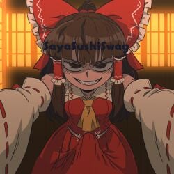 1girls clothed erection erection_under_clothes futanari hakurei_reimu looking_at_viewer reimu_hakurei smiling_at_viewer solo touhou