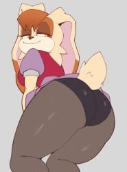 2025 anthro ass big_butt clothed clothing female hair hi_res lagomorph leporid looking_back lurkin mammal mature_anthro mature_female milf orange_eyes orange_hair rabbit sega simple_background smile solo sonic_(series) sonic_the_hedgehog_(series) vanilla_the_rabbit