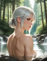 ai_generated bathing breasts cd_projekt_red ciri female forest green_eyes jaarulz light-skinned_female solo the_witcher_(series) the_witcher_3:_wild_hunt wet_body white_hair