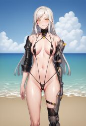 ai_generated beach female female_only gayle grey_hair long_hair micro_bikini nier nier_reincarnation pale-skinned_female prosthetic_arm prosthetic_leg sling_bikini yellow_eyes