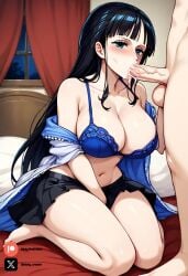 1futa ai_generated black_hair black_skirt blowjob blue_bra blue_eyes bra breasts cock colored dick futa_only futanari futanari futanari/female light_skin light_skinned_futanari nickythecreator nico_robin one_piece penis sexy sexy_body sexy_pose skirt testicles veiny_penis