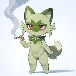 ai_generated anthro cat_ears cat_tail drugs feline feline_humanoid furry green_fur lambai11 low_quality marijuana nipples non-mammal_breasts pokemon pokemon_(species) pussy shortstack smoking smoking_weed sprigatito