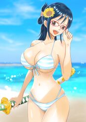 1girls 2022 beach bikini breasts busty cleavage female female_only flower flower_in_hair glasses holding_sword huge_breasts ocean one_piece red_glasses smile striped_bikini sunflower sunflower_hair_ornament sword tashigi washo_(artist) wide_hips