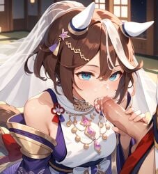 ai_generated animal_ears blue_eyes brown_hair cum cum_in_face cum_in_mouth cum_on_face cum_on_mouth cum_on_tongue fellatio female horse_ears horse_girl horse_tail oral oral_sex penis tokai_teio_(umamusume) umamusume