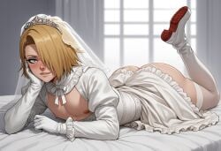 1boy ai_generated blonde_hair blue_eyes blush boots bride butt_focus buttons deidara femboy femboy_focus fishnets gloves goth hair_over_one_eye looking_at_viewer male male_only naruto naruto_(series) penis penis_on_face pleasure_face presenting sissy skirt smile solo solo_focus thighs wedding_dress white_clothing