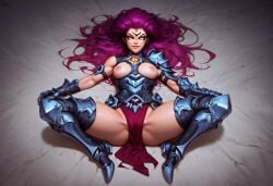 ai_generated armor breasts breasts_out darksiders darksiders_3 female female_only fury_(darksiders) lying open_legs seductive spread_legs violet_hair white_background white_eyes