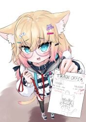 1girl blue_eyes cat_ears cat_tail catgirl doodle foreshortening full_body glasses high_angle holding_object holding_paper indie_virtual_youtuber leash_and_collar minikomew not_porn ritspi solo trade_offer virtual_youtuber vtuber white_clothing