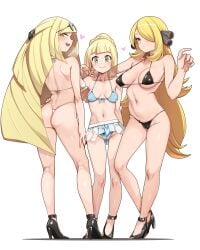 3girls areola_slip areolae ass back back_view backboob big_breasts bikini bikini_bottom bikini_top black_bikini black_eyes blonde_hair blue_bikini blush bottomwear breasts cameltoe cleavage cynthia_(pokemon) daughter female female_only footwear full_body game_freak georugu13 green_eyes hair_ornament hair_over_one_eye hand_on_hip headwear heart heels high_heels hips legs lillie_(pokemon) long_hair looking_at_viewer looking_back lusamine_(pokemon) mature mature_female mature_woman medium_breasts micro_bikini milf mother mother_and_daughter nipple_bulge pokemon pokemon_dppt pokemon_sm ponytail small_breasts smile steam sunglasses sunglasses_on_head swimwear topwear white_background white_bikini