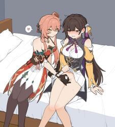 2girls assertive_female bare_legs bare_shoulders bed bed_sheet bell black_pantyhose blank_censor blush braid breasts bright_pupils brown_choker brown_gloves brown_hair censored center-flap_bangs chinese_clothes chinese_knot choker cleavage clenched_teeth closed_mouth clothed_sex clothes_lift commentary_request crown_braid detached_sleeves double-parted_bangs dress dress_lift erection feet_out_of_frame flower flower_knot frown furrowed_brow futa_with_female futanari gloved_handjob gloves guinaifen_(honkai:_star_rail) hair_bell hair_between_eyes hair_flower hair_ornament halterneck handjob heart hell_chihuahua highres honkai:_star_rail honkai_(series) indoors jingle_bell knees_together_feet_apart leaning_to_the_side lifting_own_clothes long_hair long_sleeves looking_at_another looking_down mandarin_collar medium_breasts motion_lines multiple_girls no_panties nose_blush on_bed pantyhose pendant_choker penis pillow pink_hair pink_ribbon pleated_dress red_dress red_flower ribbon seductive_smile short_dress short_sleeves side-by-side side_ponytail sitting sleeve_belt small_penis smile spoken_heart sushang_(honkai:_star_rail) sweat sweatdrop tassel tassel_hair_ornament teeth thighs twintails twisted_torso twitching two-tone_dress white_dress white_pupils yellow_eyes yellow_sleeves