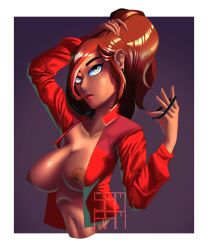 big_breasts carmen_sandiego carmen_sandiego_(2019) dark-skinned_female dark_skin half_body no_ one_girl only_girl red_hair red_jacket red_lipstick