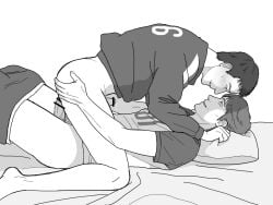 anal_sex bed bed_sheet black_and_white blush cowgirl_position half-dressed hwang_in-ho leaning_forward male/male pants_down pillow pillow_grab precum pubic_hair seong_gi-hun short_hair side_view sitting smile smiling_at_partner squid_game track_jacket yaoi