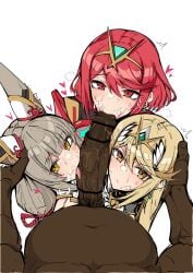 1boy 3girls big_penis blowjob collaborative_fellatio dark-skinned_male edit foursome gatyo_5 mythra nia_(blade) nintendo pyra xenoblade_(series) xenoblade_chronicles_2