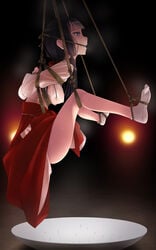 arms_behind_back bangs black_eyes black_hair blunt_bangs blush bondage bound bound_arms bound_legs breast_bondage breasts f-ism female gag gagged hair_ribbon hakama highres japanese_clothes kimono knees_on_chest long_hair miko murakami_suigun nipples original red_hakama restrained ribbon rope rope_gag see-through shibari_over_clothes solo suspension sweat tabi tears tied_up wet wet_clothes white_legwear wide_sleeves