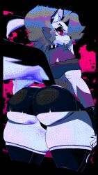 3d_(artwork) absurd_res annoyed anthro ass bare_shoulders big_breasts black_bottomwear black_clothing black_eyeshadow black_gloves black_handwear black_legwear black_shorts black_thigh_highs blender_(artwork) bottomwear bra breasts bubble_butt canid canid_demon canine clothed clothing collar crop_top cryptiacurves demon digital_media_(artwork) ear_piercing eyebrow_piercing eyeshadow facial_piercing femboy fingerless_gloves ftm_crossgender gloves hair hair_over_eye half-closed_eyes handwear hellhound helluva_boss hi_res legwear looking_at_viewer looking_back looking_back_at_viewer loona_(helluva_boss) makeup male mammal mythological_canine mythological_creature mythology narrowed_eyes nose_piercing nose_ring off_shoulder outline piercing pupils rear_view red_sclera ring_piercing rule_63 shirt shorts skindentation slit_pupils solo spiked_collar spikes tail thick_thighs thigh_highs topwear underwear