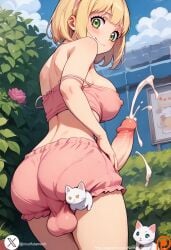 ai_generated ao_no_exorcist ass_focus big_penis cum feline futanari medium_breasts moriyama_shiemi outside sexy_body standing yellow_hair