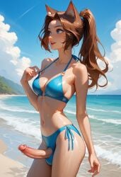 ai_generated beach blue_bikini brown_hair catgirl futanari neko