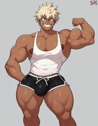 ai_generated bakugou_katsuki big_bulge big_nipples big_pecs bulge dark-skinned_male dark_skin flexing human_only katsuki_bakugou large_pectorals looking_at_viewer male male_only muscular muscular_male nipples posing self_upload smile sole_male solo solo_focus tank_top thick_thighs