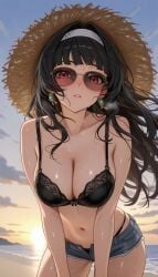 ai_generated astra_yao beach black_hair cleavage earrings hoyoverse straw_hat sunglasses zenless_zone_zero zzz