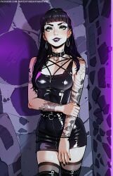 absynth_(adventuresofabsynth) adventuresofabsynth ai_generated black_dress black_hair eye_contact eyeshadow futanari goth goth_girl green_eyes looking_at_viewer petite piercings seductive_eyes seductive_smile skinny slim_waist small_breasts solo tattoos