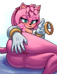 2025 5_fingers accessory amy_rose anthro areola ass black_nose blush breasts clothing eulipotyphlan eyelashes female fingers genitals gloves green_eyes hair hair_accessory hairband hand_on_butt handwear hedgehog hi_res looking_at_viewer lying mammal medium_breasts nipples on_side phenecly pink_hair pussy ring_(sonic) sega short_hair simple_background smile solo sonic_the_hedgehog_(series) white_background