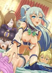 1boy 5girls absurdres aqua_(konosuba) bare_shoulders bat_wings bed beldia_(konosuba) blindfold blonde_hair blue_eyes blue_hair blue_panties blush boots bound bow breast_rest breasts breasts_on_head brown_hair chris_(konosuba) closed_eyes covering_another's_eyes covering_eyes crescent_moon curtains darkness_(konosuba) dated disembodied_head dullahan female fingering fingering_self glowing glowing_eye hair_ornament hair_over_one_eye hair_rings hairclip highres knee_boots kneeling kono_subarashii_sekai_ni_shukufuku_wo! lamp large_breasts light-skinned_female light-skinned_male light_skin long_hair lying male masturbation megumin moon multiple_girls navel night nipples on_back open_mouth oshiyon panties ponytail restrained satou_kazuma sheet_bite short_hair shorts shorts_pull sidelocks skirt skirt_removed smile sweat thighhighs tied_hair tied_up tongue tongue_out tree underboob underwear undressing watching window wings wiz_(konosuba) yuri