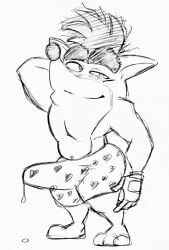 10s 1boy 2019 anthro anthro_only arm_behind_head ass bandicoot bulge crash_(series) crash_bandicoot erection erection_under_clothes fingerless_gloves furry furry_male furry_only heart_underwear huge_cock lynnsdarkside male male_focus male_only marsupial monochrome precum precum_through_clothing solo solo_male underwear video_games white_background