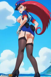 1girls ai_generated artist_name ass beach black_footwear black_thighhighs blue_eyes blue_headwear blue_shirt blue_skirt blue_sky breasts cloud day earrings female_human from_behind garter_straps gloves hair_slicked_back hat hi_res high_heels jessie_(pokemon) jewelry large_breasts lipstick long_hair looking_at_viewer looking_back makeup miniskirt nintendo nipples no_bra no_panties ocean open_clothes outdoors patreon_logo patreon_username pokemon pokemon_rgby police police_uniform policewoman pouch pussy red_hair red_lips rule34lab shirt short_sleeves skirt sky solo standing thighhighs uncensored uniform very_long_hair watermark web_address white_gloves