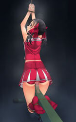 anal anus arms_up ass back black_hair blue_eyes blush bondage bound censored cheerleader clenched_teeth crop_top dildo double_insertion f-ism female from_behind hair_ribbon highres knee_socks kneehighs kneesocks long_hair looking_at_viewer looking_back murakami_suigun no_shoes object_insertion original panties red_legwear red_panties red_socks ribbon rope skirt sleeveless socks solo sweat teeth tied_hair toe_claws torn_clothes torn_panties twintails underwear vaginal_penetration