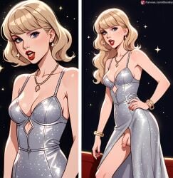 ai_generated blonde_hair boobly dress flaccid futanari girly glamour public_nudity red_lips taylor_swift