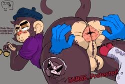 anthro anus ass balls big_butt big_ears body_hair bottomless brawl_stars clothed clothing day74art disembodied_penis duo english_text gay genitals grey_background hairy hairy_balls hairy_perineum haplorhine hat headgear headwear heart_(marking) looking_back lying machine male male_only mammal markings mico_(brawl_stars) monkey penis primate purple_clothing purple_shirt purple_topwear robot shirt simple_background solo spread_anus spread_butt spreading supercell_(company) surge_(brawl_stars) tail text thick_thighs topwear