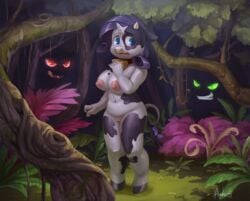 2016 absurd_res anthro anthrofied areola audrarius big_breasts blue_eyes bovine breasts cattle cowbell equine facial_piercing fangs female friendship_is_magic glowing glowing_eyes grin group hair hi_res horn hybrid mammal my_little_pony navel nipples nose_piercing outside piercing plant pussy rarity_(mlp) solo_focus standing straight_hair tongue tongue_out unicorn