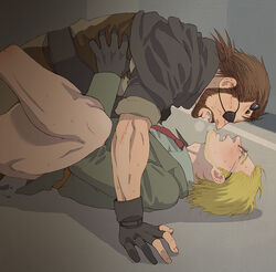 2boys anal bara beard blonde_hair blush bottomless brown_hair eye_patch facial_hair gay glasses gloves kazuhira_miller male_only metal_gear_(series) metal_gear_solid multiple_boys muscle open_mouth saliva scar sex steam sweat venom_snake wince yaoi