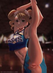 1girls black_eyes blonde_hair borrowed_character cameltoe cheerleader cheerleader_uniform covered_nipples female highres hourglass_figure leg_up midriff navel no_panties original ottosfoxhole pussy sharlene_(erotibot) short_hair skirt smile solo teenager tied_hair twintails uncensored vagina watermark web_address