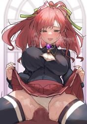 1boy a_rank_party_o_ridatsu_shita_ore_wa_moto_oshiego-tachi_to_meikyuu_shinbu_o_mezasu ascot black_choker black_shirt black_thighhighs blush bouncing_breasts breasts breath brown_eyes censored choker clothed_sex clothes_lift clothing_aside collared_shirt commentary_request commission cowgirl_position cowgirl_position female gem hair_ribbon heavy_breathing large_penis lifting_own_clothes long_hair long_sleeves looking_down marina_(aparida) miniskirt mosaic_censoring motion_lines panties panties_aside penis pleated_skirt ponytail purple_gemstone pussy red_gemstone red_hair red_skirt ribbon saidasai saliva sex shirt skeb_commission skindentation skirt solo_focus spread_legs straddling straight sweat thighhighs thighs tongue tongue_out torogao underwear vaginal_penetration white_ascot white_panties yellow_ribbon