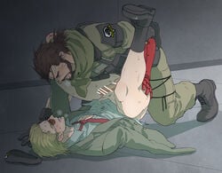 2boys anal bara beard blonde_hair blush boots bottomless brown_hair erection eye_patch facial_hair folded glasses kazuhira_miller lifting male_only metal_gear_(series) metal_gear_solid missionary multiple_boys muscle penis scar sex steam sweat tagme venom_snake yaoi