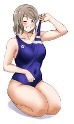 arm_up armpit_crease armpits blue_eyes breasts brown_hair competition_swimsuit covered_navel kiru_(bsesso) large_breasts love_live! love_live!_sunshine!! navel one-piece_swimsuit short_hair sitting swimsuit teeth thighs watanabe_you wavy_hair wink